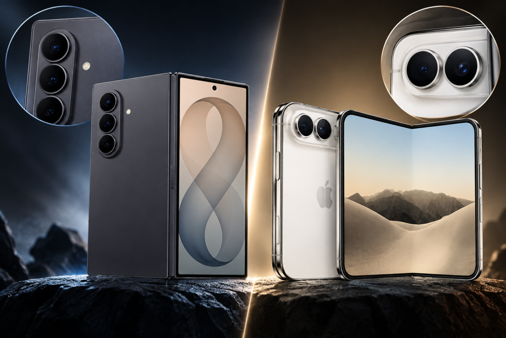 Cụm ba camera sau xếp dọc trên mặt lưng điện thoại gập