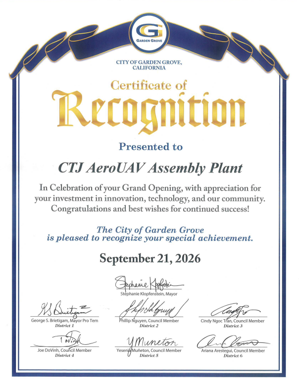 Giấy ghi nhận của thành phố Garden Grove trao cho nhà máy CTJ AeroUAV