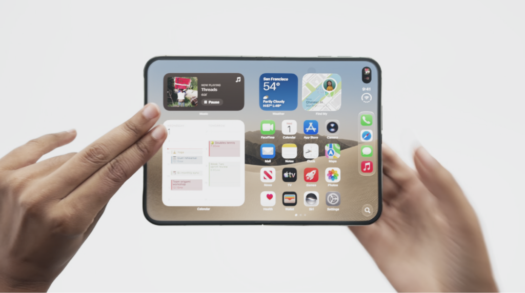 Màn hình trong iPhone Duo hiển thị giao diện chia khu vực và widget Lịch