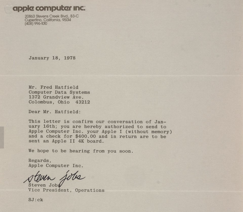 Lá thư viết tay Steve Jobs gửi Fred Hatfield