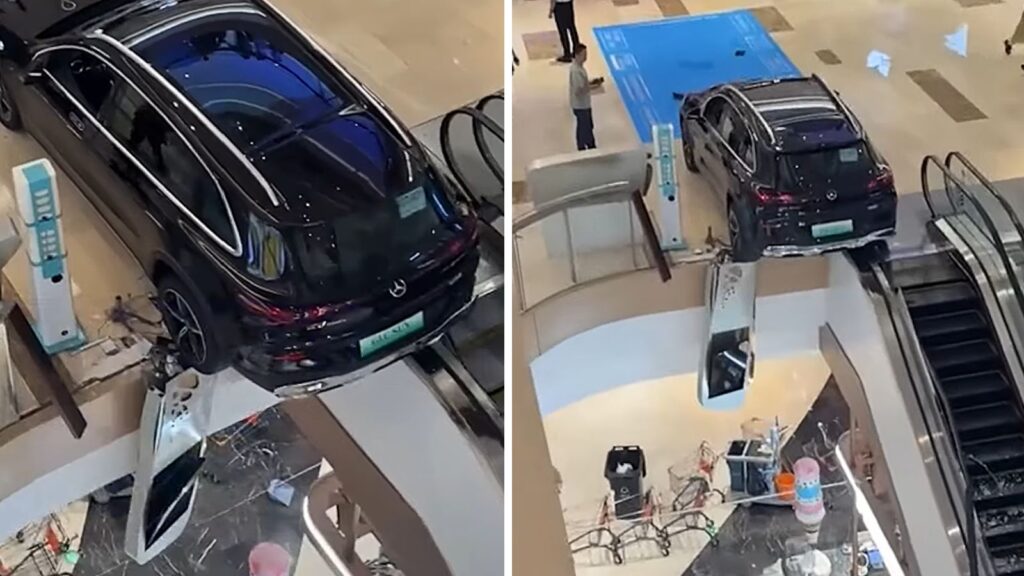 Phần lan can kính bị phá hỏng quanh chiếc SUV Mercedes