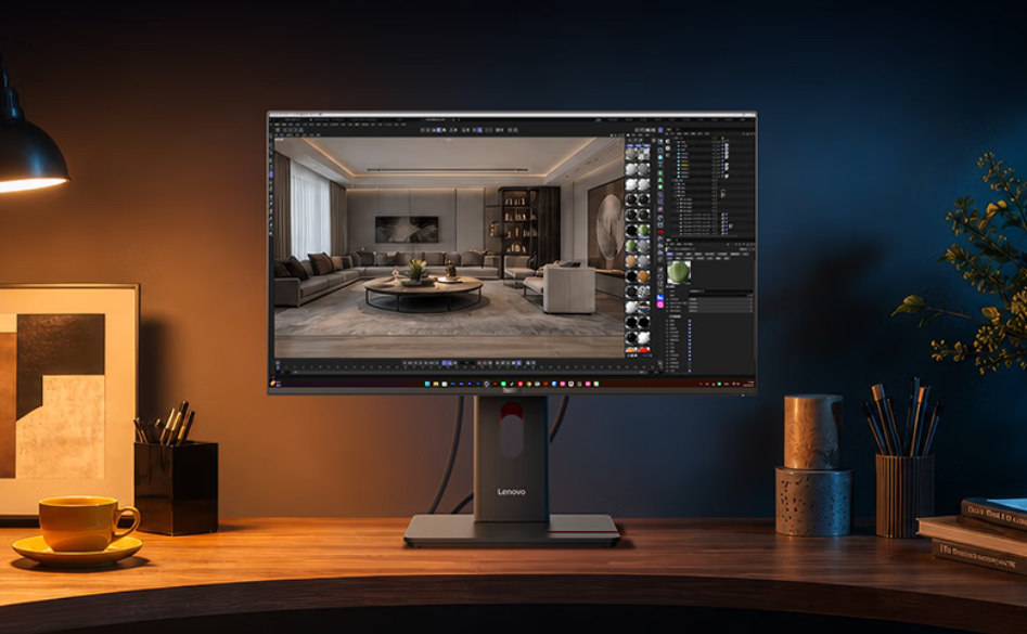 ThinkVision P27UD-40 được đặt trên chân đế có thể điều chỉnh độ cao và xoay dọc