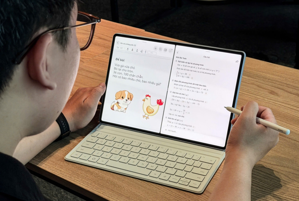Giao diện HUAWEI Notes với nội dung bài toán viết tay và phần hướng dẫn