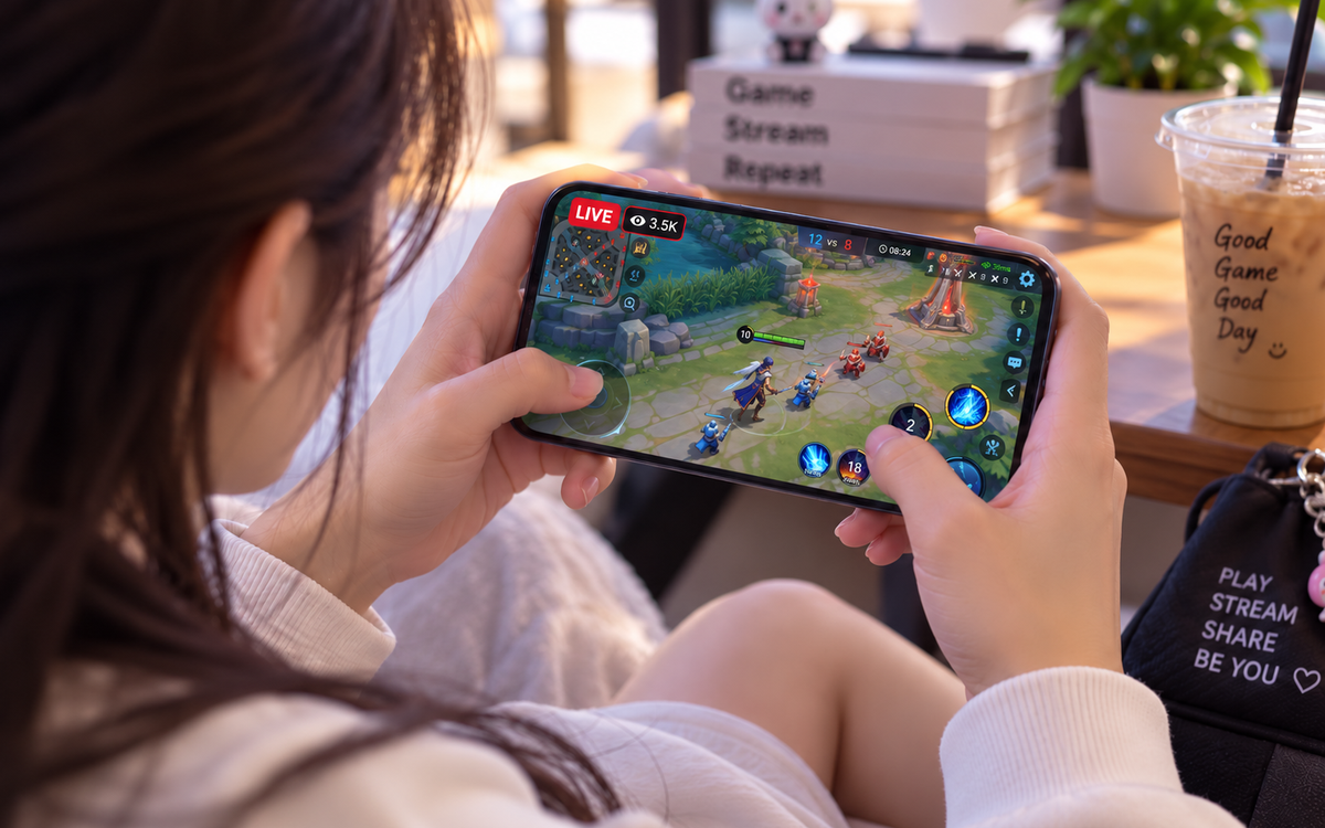 Game thủ phát trực tiếp trò chơi trên smartphone trong không gian cá nhân