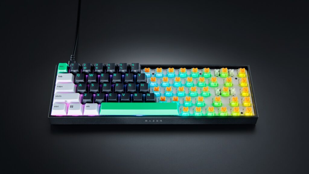 Cận cảnh các phím và đèn RGB trên Razer Reclusa X Mini 65%