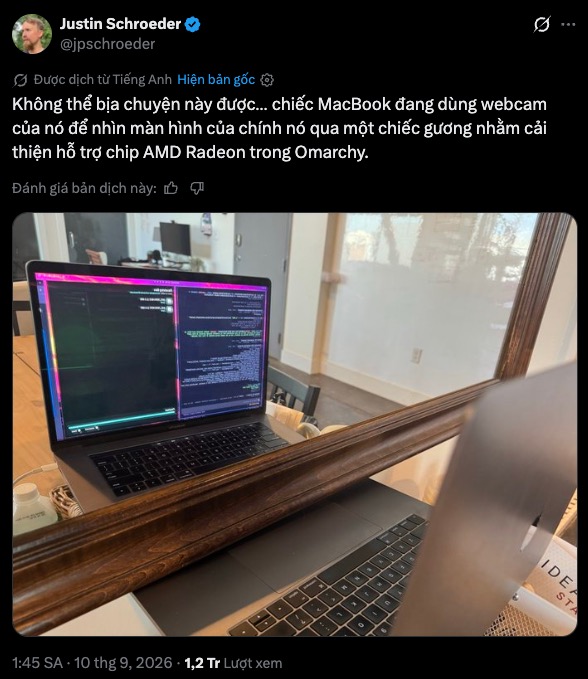 Bài đăng của Justin Schroeder về thử nghiệm MacBook trên mạng xã hội X