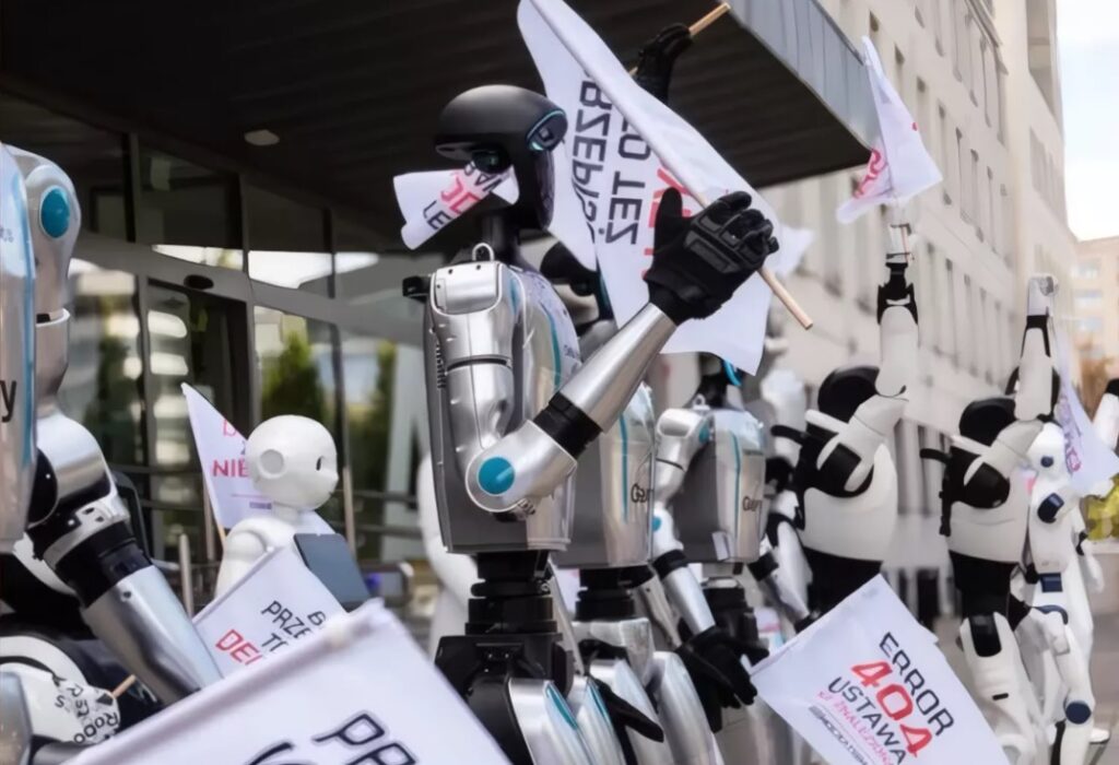 Robot cầm biểu ngữ và cờ trong sự kiện kêu gọi quản lý AI tại Ba Lan