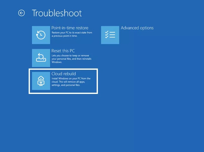 Tùy chọn Cloud Rebuild xuất hiện trong công cụ Reset this PC
