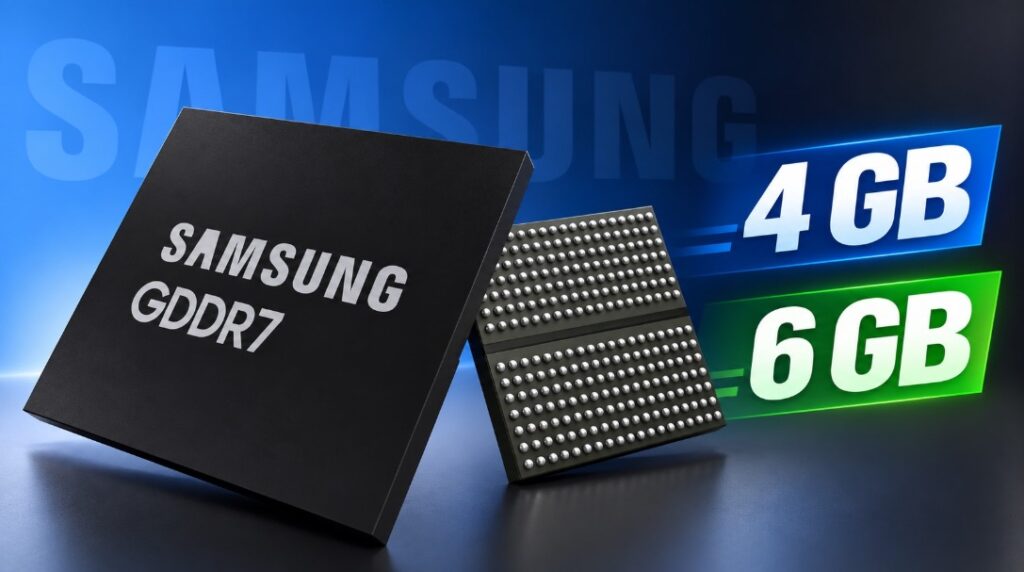 Chip nhớ đồ họa GDDR7 được minh họa trong bối cảnh phần cứng máy tính