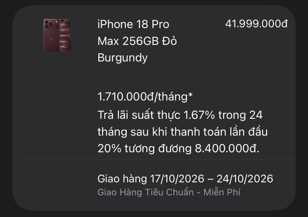 Các phiên bản iPhone 18 Pro Max với dung lượng khác nhau