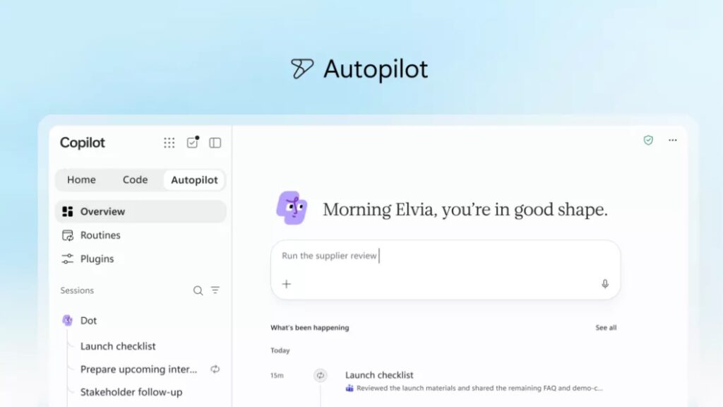 Các thành phần Home, Code và Autopilot của Copilot