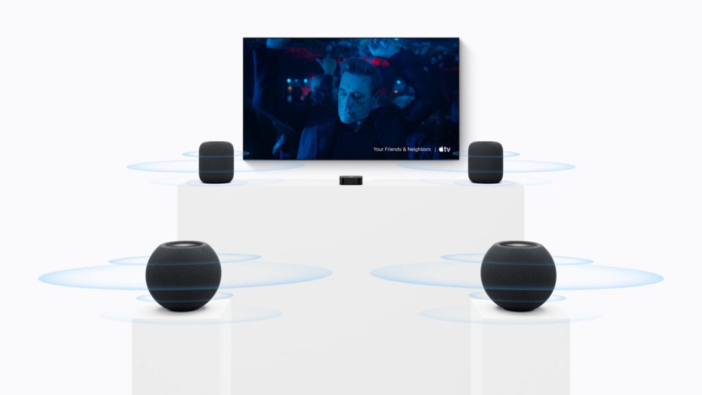 HomePod mini 2 trong hệ thống nhiều loa kết nối với Apple TV 4K