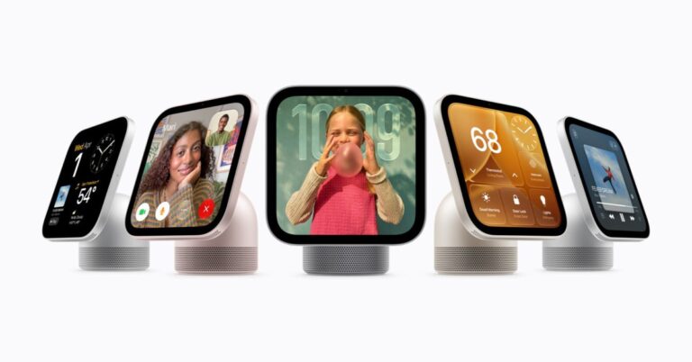 Apple HomeView đặt trên đế loa hình vòm trong không gian gia đình