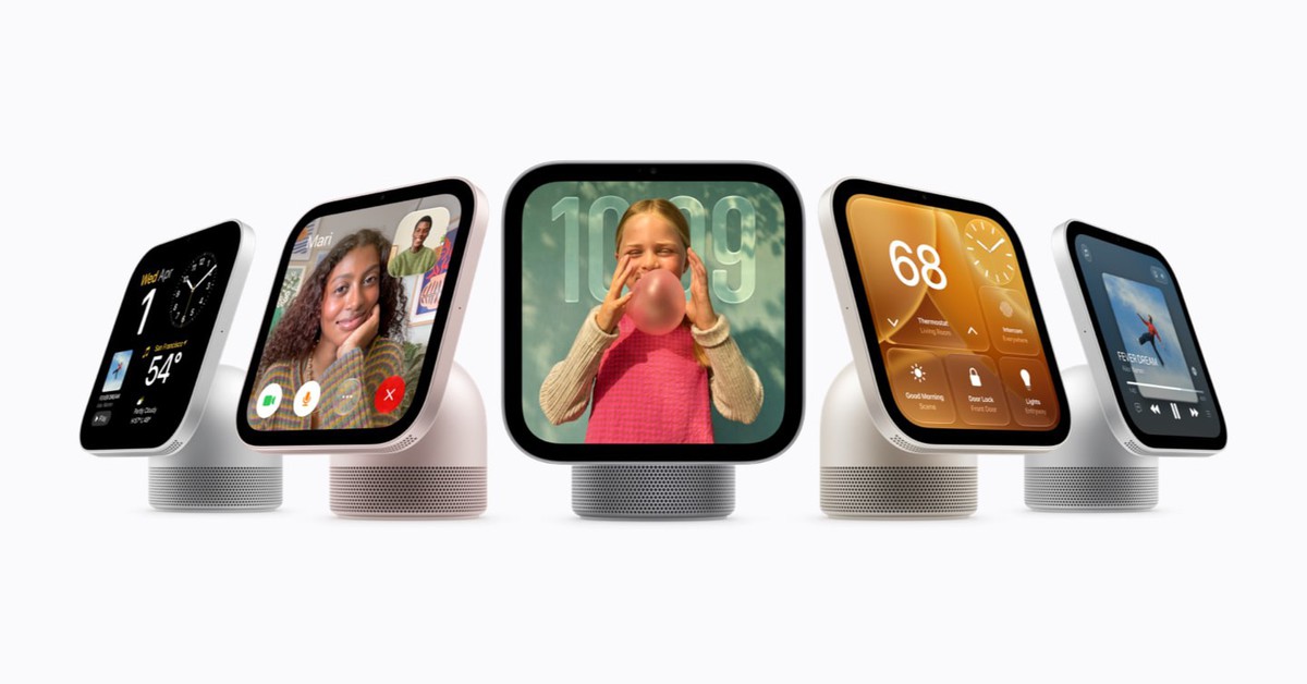 Apple HomeView đặt trên đế loa hình vòm trong không gian gia đình