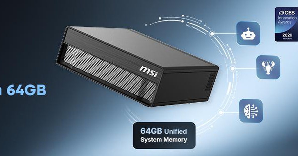 Máy tính AI MSI EdgeXpert đặt trên bàn trong không gian làm việc