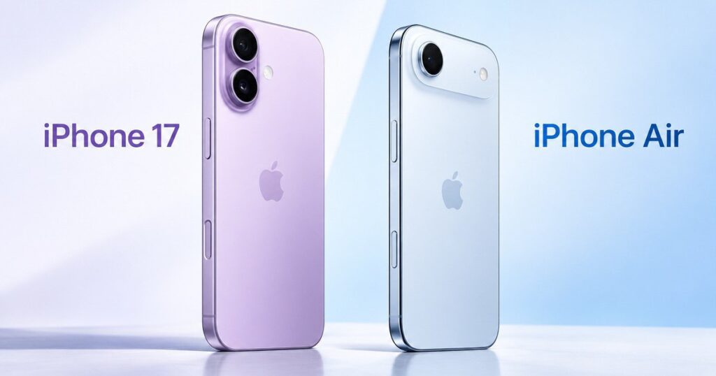 iPhone 17 và iPhone Air được đặt cạnh nhau trong bối cảnh giới thiệu sản phẩm