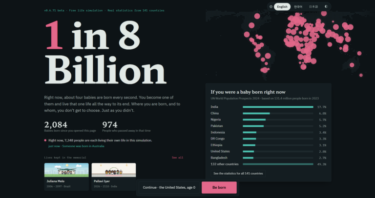 Giao diện mở đầu của trải nghiệm mô phỏng cuộc đời 1 in 8 Billion