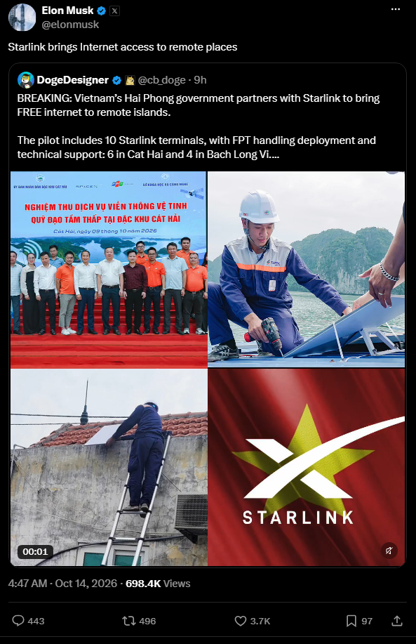 Thiết bị Starlink được triển khai tại một địa điểm trên khu vực biển đảo Hải Phòng