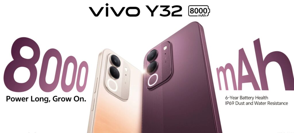 vivo Y32 đặt nghiêng, cho thấy độ dày thân máy và vị trí nút nguồn